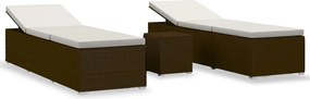 vidaXL Șezlonguri de grădină cu masă de ceai, 3 piese, maro, poliratan