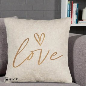 Perna Decorativa Love Caligrafie Aurie, 40x40 cm, Bej Canapea, Husa Detasabila, Perna Inclusa, BEKZ®
