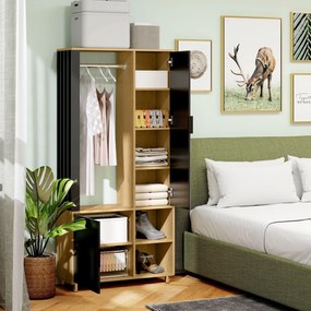 HOMCOM Dulap cameră penderie cu mirror, compartimente deschise, dulap și șipcă de suspendare, 80 x 30 x 170 cm, natural | Aosom Romania