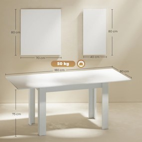 HOMCOM Masă extensibilă 140-180x80cm, albă, pentru 6-8 persoane, pentru spații mici | Aosom Romania