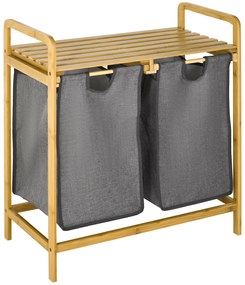 HOMCOM Coș de Rufe din Bambus cu Raft și 2 Saci Detașabili, Ideal pentru Dormitor, Baie, 64x33x73 cm, Gri | Aosom Romania