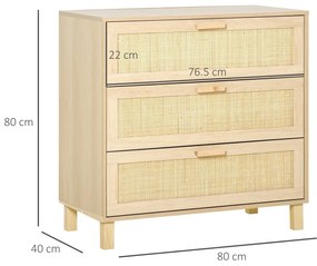HOMCOM Casetiera cu 3 din lemn si ratan pentru camera de zi si dormitor, 80x40x80cm Culoare Lemn Natural | AOSOM.ro