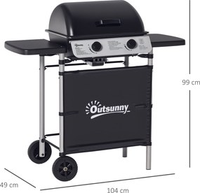 Outsunny Grătar pe gaz cu 2 arzătoare din oțel inoxidabil, putere 2,8 kW, grătar de grădină cu 2 grătare, 104 x 49 x 99 cm, negru | Aosom Romania