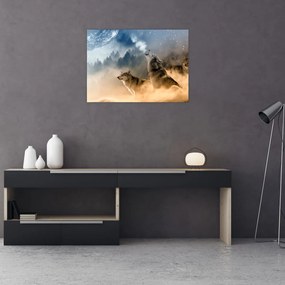 Tablou pe sticlă - lupii urlând la lună (70x50 cm)