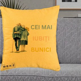 Cadou pentru Bunici - Perna Personalizata Cei Mai Iubiti Bunici Acuarela Spate, 40x40 cm, Galben, Husa Detasabila, Perna Inclusa, BEKZ®