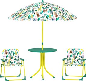 AIYAPLAY Masă de Picnic pentru Copii, Set Masă și Două Scaune Pliabile cu Umbrelă Demontabilă, Tematică Jungle, Mobilier de Exterior pentru Grădină, Terasă, Verde | Aosom Romania