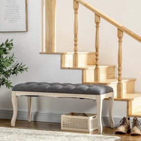 HOMCOM Bancă capitonată stil clasic 110 cm, capăt de pat tapitat cu in, picioare din lemn de hevea sculptat, Lin Gri | Aosom Romania