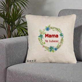 Cadou pentru Mama - Perna Personalizata Mama Te Iubesc Flori Albastre, 40x40 cm, Bej Canapea, Husa Detasabila, Perna Inclusa, BEKZ®