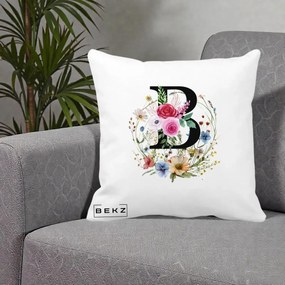 Cadou Personalizat - Perna Personalizata Monogram Litera B cu Flori Acuarela, 40x40 cm, Alba Mata, Husa Detasabila, Perna Inclusa, BEKZ®