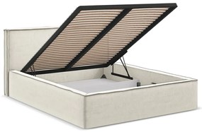 Pat matrimonial crem tapițat cu spațiu de depozitare cu somieră 180x200 cm Anani – Makamii