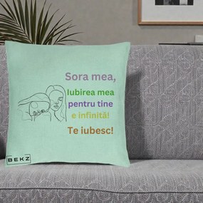 Cadou pentru Sora - Perna Personalizata Sora Mea Te Iubesc Line Art Fete Colorate Brate Ridicate, 40x40 cm, Verde Menta, Husa Detasabila, Perna Inclusa, BEKZ®