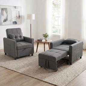 HOMCOM Fotoliu Pat Single 3 în 1 din Material Textil Tip In și Lemn cu Spătar Reclinabil, Pernă, Buzunare, Gri | Aosom Romania