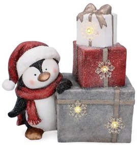 Decoratiune iarna, ceramica, pinguin si cadouri luminoase, LED, rosu si gri, 3xAAA, 29x13x33 cm, Chomik