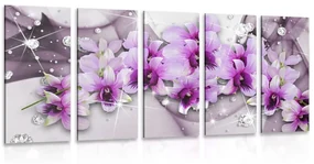 Tablou 5-piese flori violete pe un fundal abstract