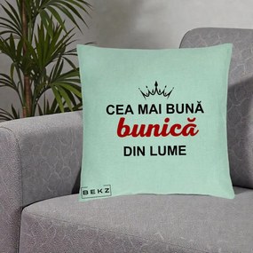 Cadou pentru Bunica - Perna Personalizata Cea Mai Buna Bunica Din Lume Coroana Neagra, 40x40 cm, Verde Menta, Husa Detasabila, Perna Inclusa, BEKZ®
