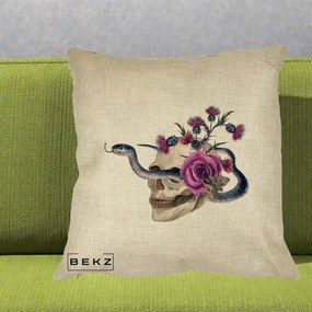 Perna Decorativa Craniu cu Sarpe si Trandafiri Gothic, 40x40 cm, Crem, Husa Detasabila, Perna Inclusa, BEKZ®
