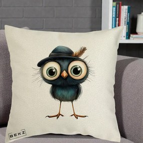 Perna Decorativa Pui Misterios cu Palarie Neagra, 40x40 cm, Ecru, Husa Detasabila, Perna Inclusa, BEKZ®