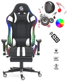 Scaun gaming cu sistem iluminare bandă LED RGB, masaj în perna lombară, suport picioare, funcție șezlong, 90-180 grade, piele ecologica, Negru/Alb