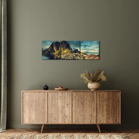 Tablou cu sat de pescari din Norvegia (cu ceas) (90x30 cm)