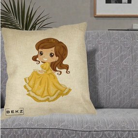 Perna Decorativa Printesa Bella Rochie Aurie, 40x40 cm, Crem, Husa Detasabila, Perna Inclusa, BEKZ®