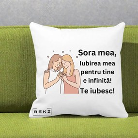 Cadou pentru Sora - Perna Personalizata Sora Mea Te Iubesc Imbratisare cu Sclipiri, 40x40 cm, Alba Mata, Husa Detasabila, Perna Inclusa, BEKZ®