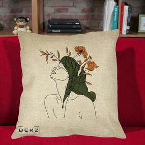 Perna Decorativa Portret Feminin Profil Flori Portocalii, 40x40 cm, Crem, Husa Detasabila, Perna Inclusa, BEKZ®