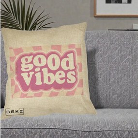 Perna Decorativa Good Vibes Retro Roz, 40x40 cm, Crem, Husa Detasabila, Perna Inclusa, BEKZ®