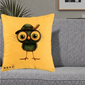 Perna Decorativa Pui Misterios cu Palarie Neagra, 40x40 cm, Galben, Husa Detasabila, Perna Inclusa, BEKZ®