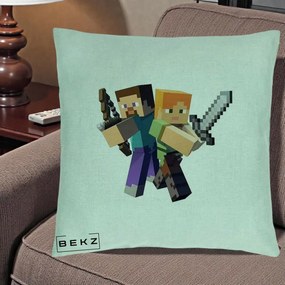 Perna Personalizata Minecraft Steve si Alex, 40x40 cm, Verde Menta, Husa Detasabila, Perna Inclusa, BEKZ®