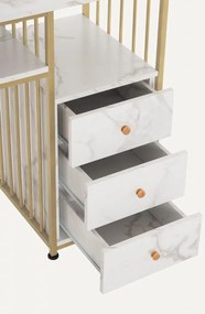 BIAU201 - Birou 109 cm, Masa Manichiura, masa de calculator cu 3 sertare, office, Imitatie de Marmura - Alb / Negru - Auriu