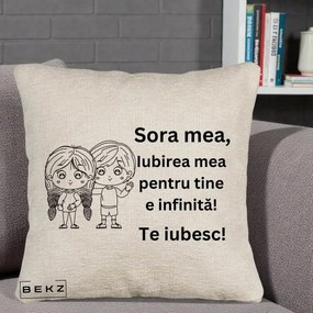 Cadou pentru Sora - Perna Personalizata Sora Mea Te Iubesc Copii Anime Line Art, 40x40 cm, Bej Canapea, Husa Detasabila, Perna Inclusa, BEKZ®