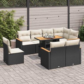 3327500 vidaXL Set mobilier grădină perne 9 piese negru poliratan/lemn acacia