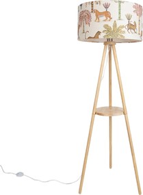 Lampă de podea cu trepied din lemn cu abajur multicolor cu imprimeu animalier 50cm - Lou