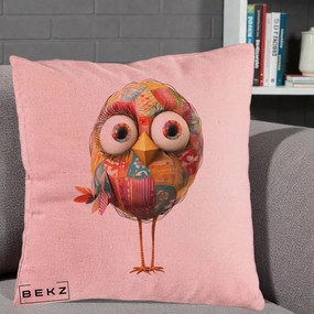 Perna Decorativa Pasare Patchwork cu Gene Lungi, 40x40 cm, Roz, Husa Detasabila, Perna Inclusa, BEKZ®