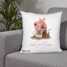 Perna Decorativa Home Sweet Home Casuta, 40x40 cm, Alb Pufos, Husa Detasabila, Perna Inclusa, BEKZ®