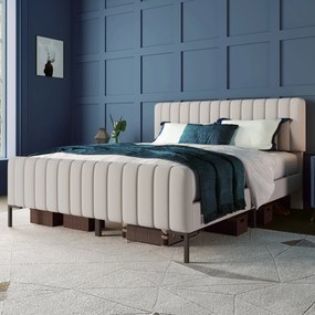 Pat dublu tapițat din țesătură de in 160x200 cm, cu tăblie reglabilă și somieră cu lamele, fără saltea, Gri+Bej