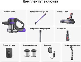 Aspirator vertical Yaber L10, 170 W, 0,6 l, 80 000 rpm, 35 min, 2 trepte de putere, Filtru HEPA, Iluminare LED a periei, Violet/Gri