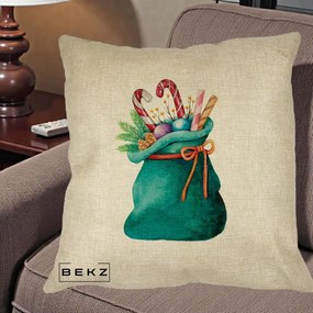 Perna Decorativa Saculet Cadouri Mos Craciun Acuarela Verde, 40x40 cm, Crem, Husa Detasabila, Perna Inclusa, BEKZ®