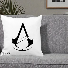 Perna Personalizata Assassin's Creed Minimalist, 40x40 cm, Alba Mata, Husa Detasabila, Perna Inclusa, BEKZ®