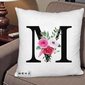Cadou Personalizat - Perna Personalizata Monograma Florala Litera M cu Trandafiri si Anemona, 40x40 cm, Alb Pufos, Husa Detasabila, Perna Inclusa, BEKZ®