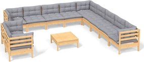 vidaXL Set mobilier grădină cu perne, 12 piese, gri, lemn masiv pin