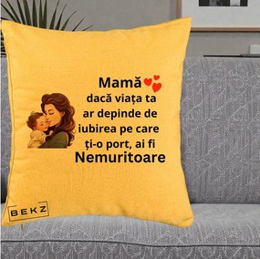 Cadou pentru Mama - Perna Personalizata Mama Nemuritoare cu Bebelus Lineart, 40x40 cm, Galben, Husa Detasabila, Perna Inclusa, BEKZ®