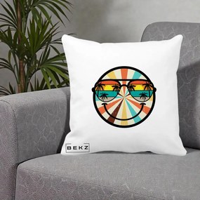 Perna Decorativa Smiley Face Retro Sunset Palmieri, 40x40 cm, Alba Mata, Husa Detasabila, Perna Inclusa, BEKZ®