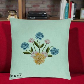 Perna Decorativa Buchet Primavara Acuarela, 40x40 cm, Verde Menta, Husa Detasabila, Perna Inclusa, BEKZ®