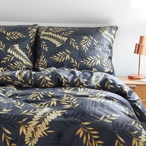 Goldea lenjerie de pat de lux din bumbac satinat - model 1059 - frunze aurii și negre pe gri antracit 140 x 200 și 70 x 90 cm