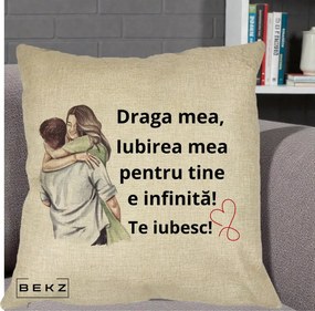 Cadou pentru Iubita - Perna Personalizata Draga Mea Iubirea Mea Infinita Te Iubesc cu Cuplu Acuarela, 40x40 cm, Crem, Husa Detasabila, Perna Inclusa, BEKZ®