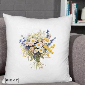 Perna Decorativa Buchet Camp Acuarela Margarete-Lavanda, 40x40 cm, Alb Pufos, Husa Detasabila, Perna Inclusa, BEKZ®