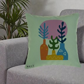 Perna Decorativa Vaze Botanice Abstract, 40x40 cm, Verde, Husa Detasabila, Perna Inclusa, BEKZ®