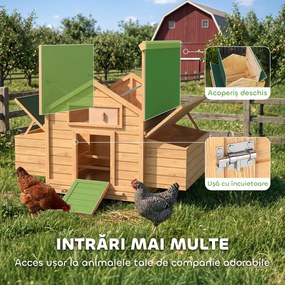 PawHut Coteț din Lemn cu 2 Căsuțe, Coteț pentru Găini de Exterior cu Acoperiș Impermeabil, Tavă Detașabilă și Bare, Adăpost pentru 2-4 Găini, Rațe, Grădină, 150x100x96,5 cm, Galben | Aosom Romania
