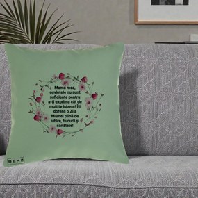 Cadou pentru Mama - Perna Personalizata Mama Mea Mesaj Floral, 40x40 cm, Verde, Husa Detasabila, Perna Inclusa, BEKZ®